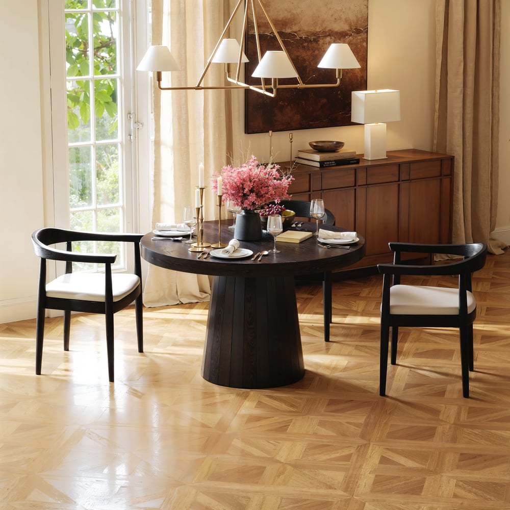 Japandi 100 – 140 cm Extendable Round-to-Oval Wood Dining Table–Black, Seats 4-6 window image