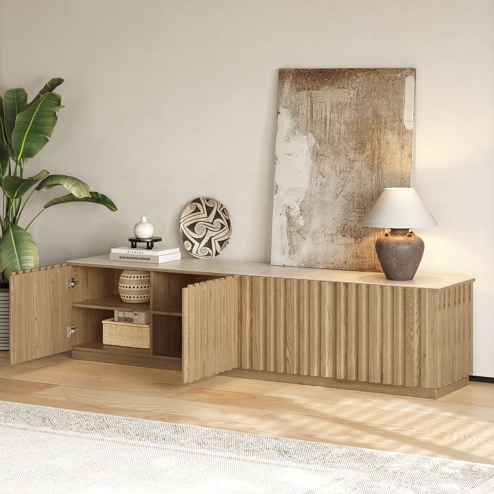 Aura 83" Ash Wood Slatted Natural TV Stand with Sintered Stone Top window image