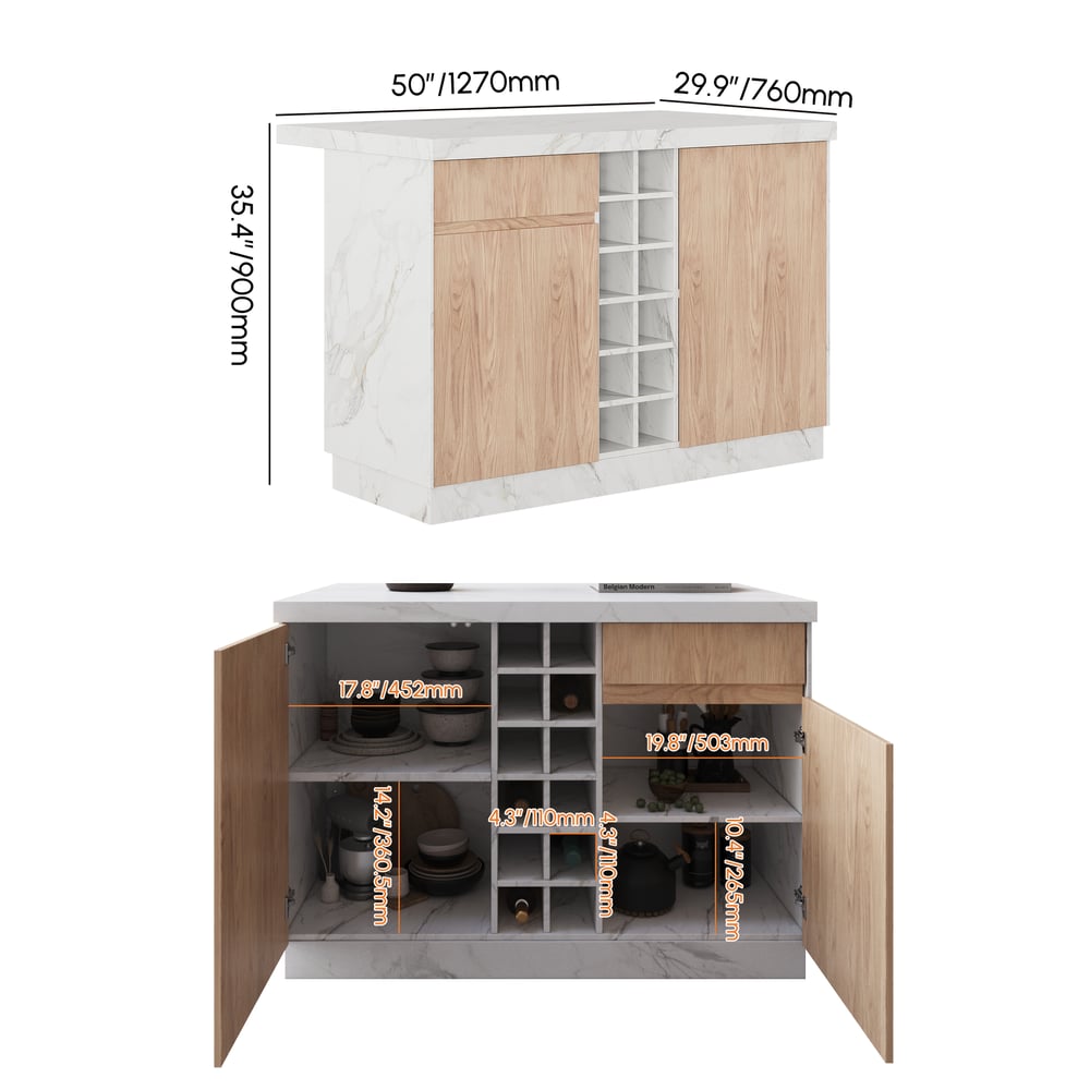 1270mm Japandi Kitchen lsland White Wooden Storage Kitchen Cabinet with Light weights dimensions image