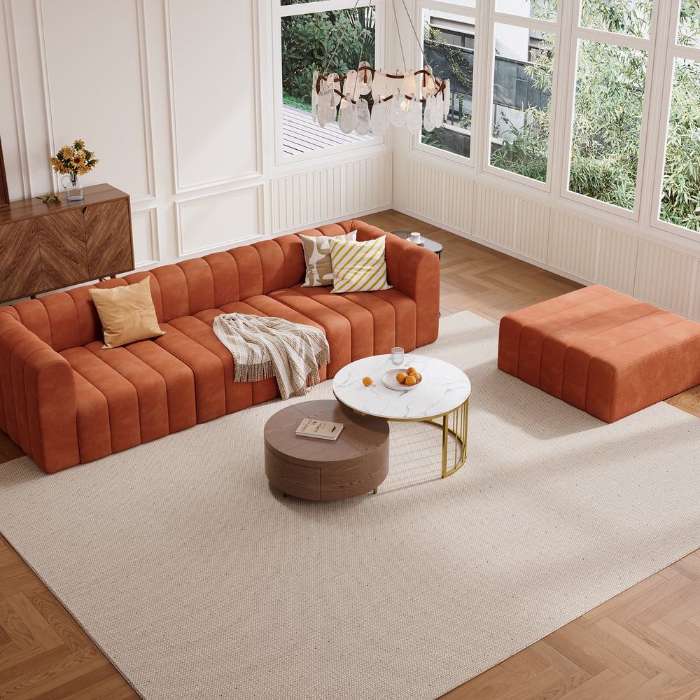 3020mm Orange Velvet Modular Pit Sectional Sofa Set Convertible 4-Piece Upholstered window image
