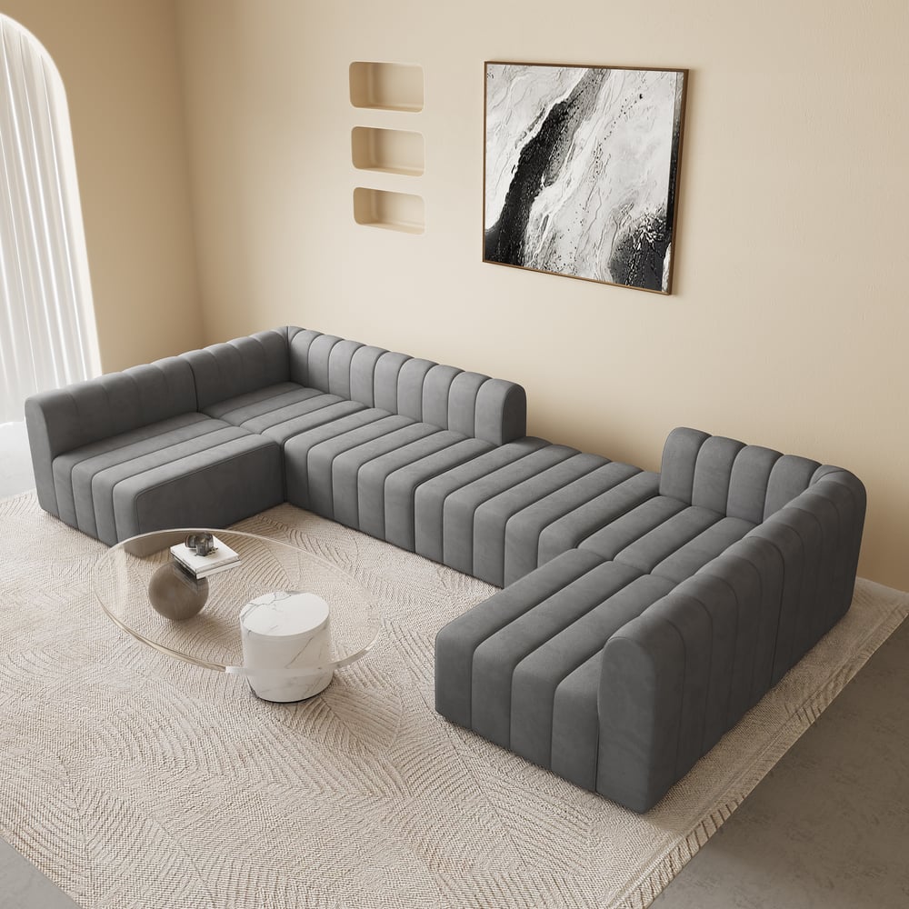3020mm Grey Velvet Modular Pit Sectional Sofa Set Convertible 6-Seater Upholstered window image