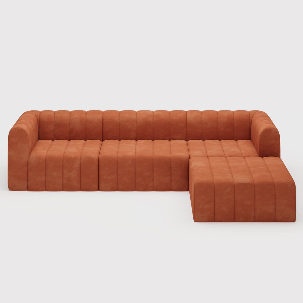 3020mm Orange Velvet Modular Pit Sectional Sofa Set Convertible 4-Piece Upholstered window image