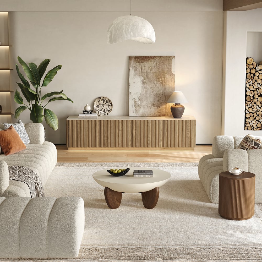 Aura 83" Ash Wood Slatted Natural TV Stand with Sintered Stone Top window image