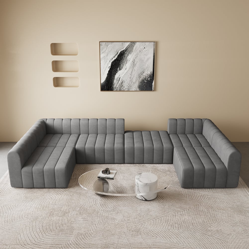 3020mm Grey Velvet Modular Pit Sectional Sofa Set Convertible 6-Seater Upholstered window image