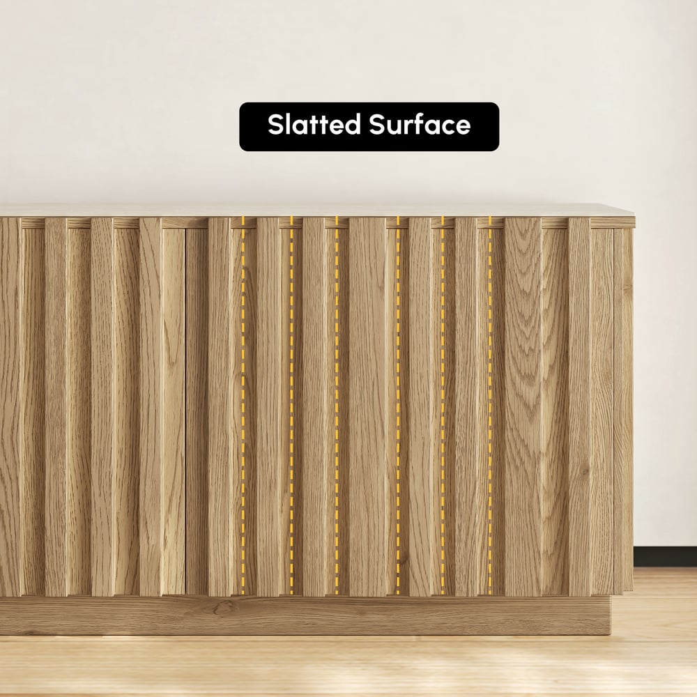 Aura 83" Ash Wood Slatted Natural TV Stand with Sintered Stone Top window image