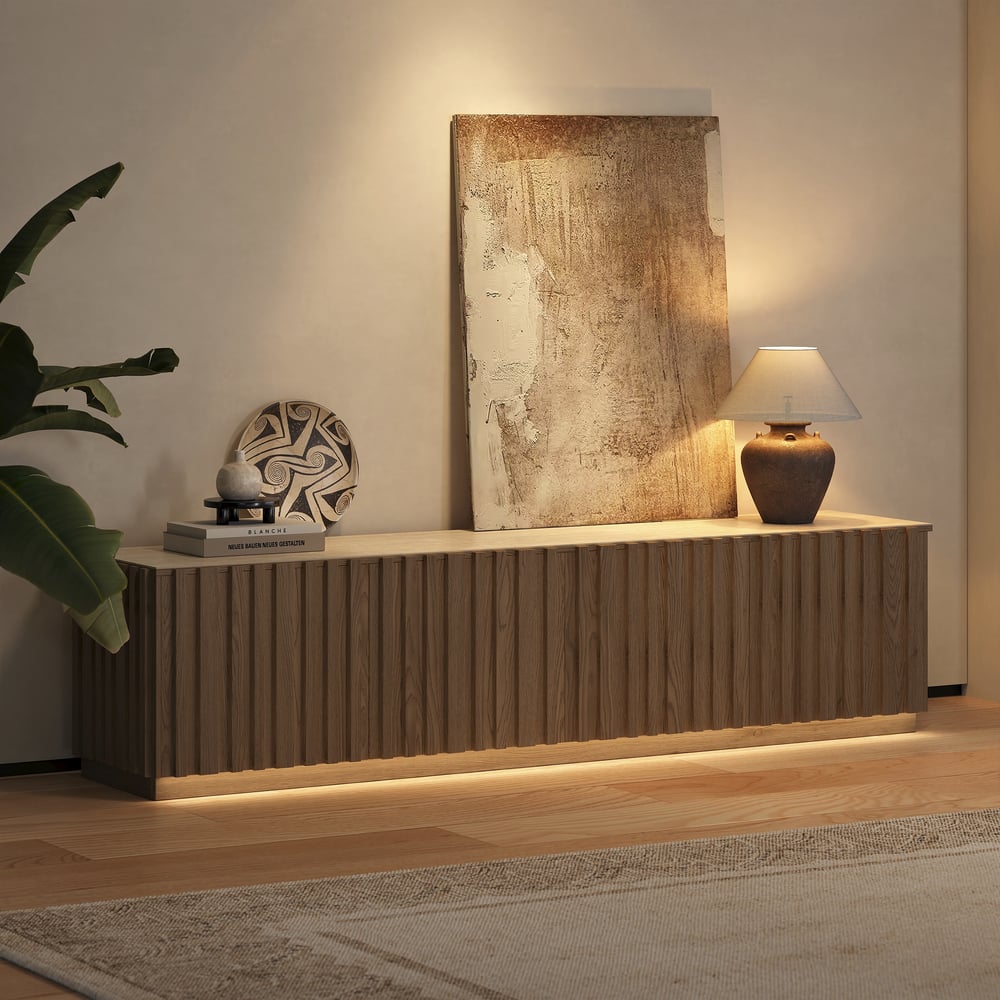 Aura 83" Ash Wood Slatted Natural TV Stand with Sintered Stone Top window image