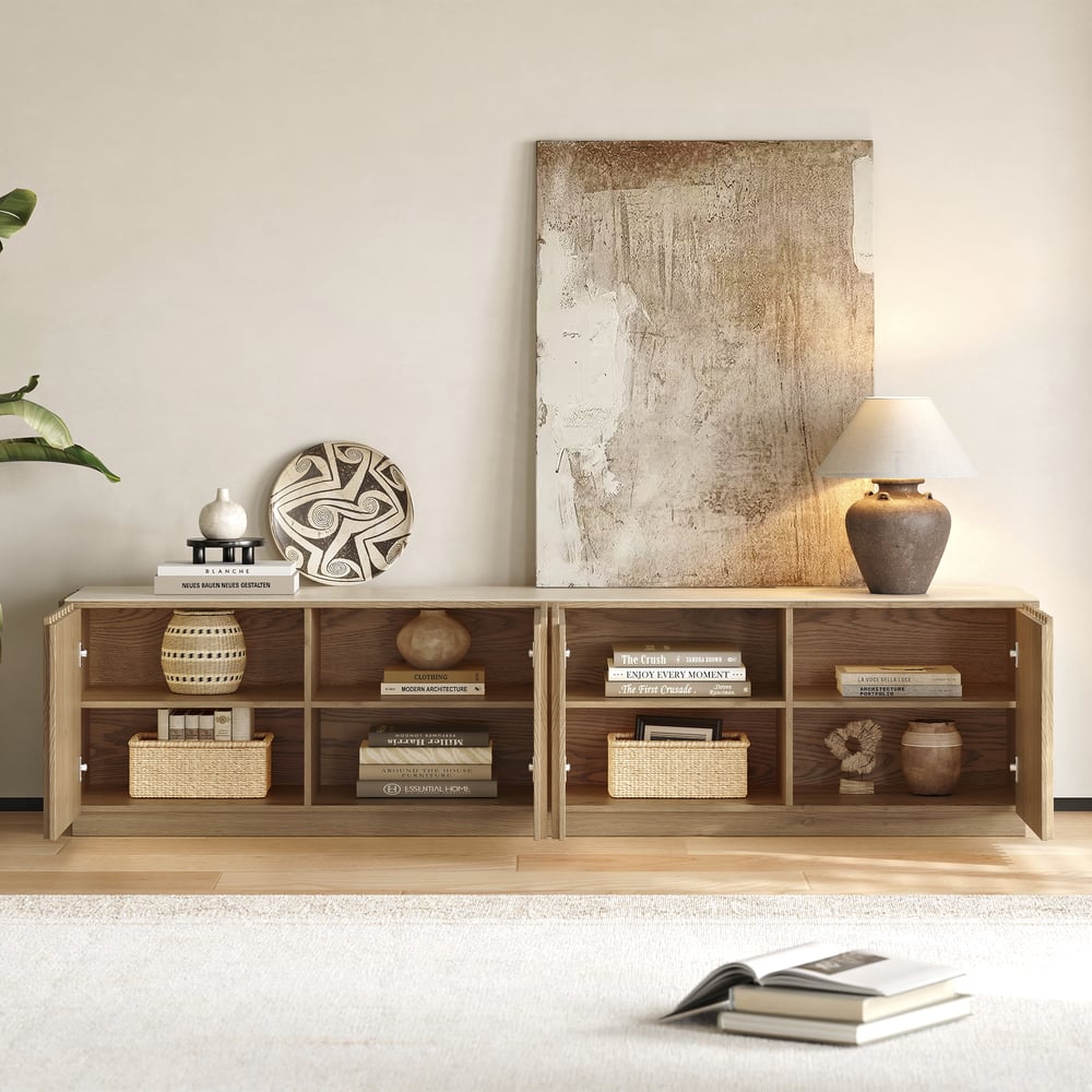 Aura 83" Ash Wood Slatted Natural TV Stand with Sintered Stone Top window image