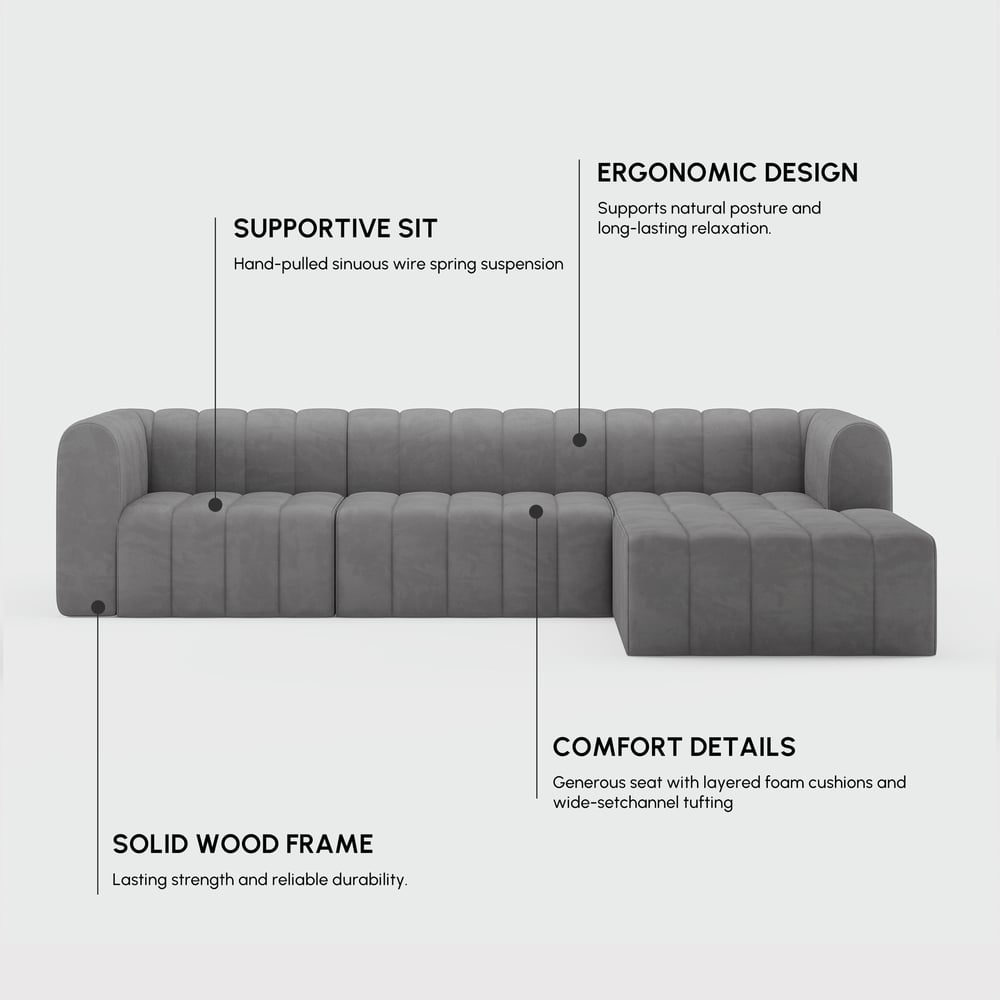 3020mm Grey Velvet Modular Pit Sectional Sofa Set Convertible 4-Piece Upholstered window image