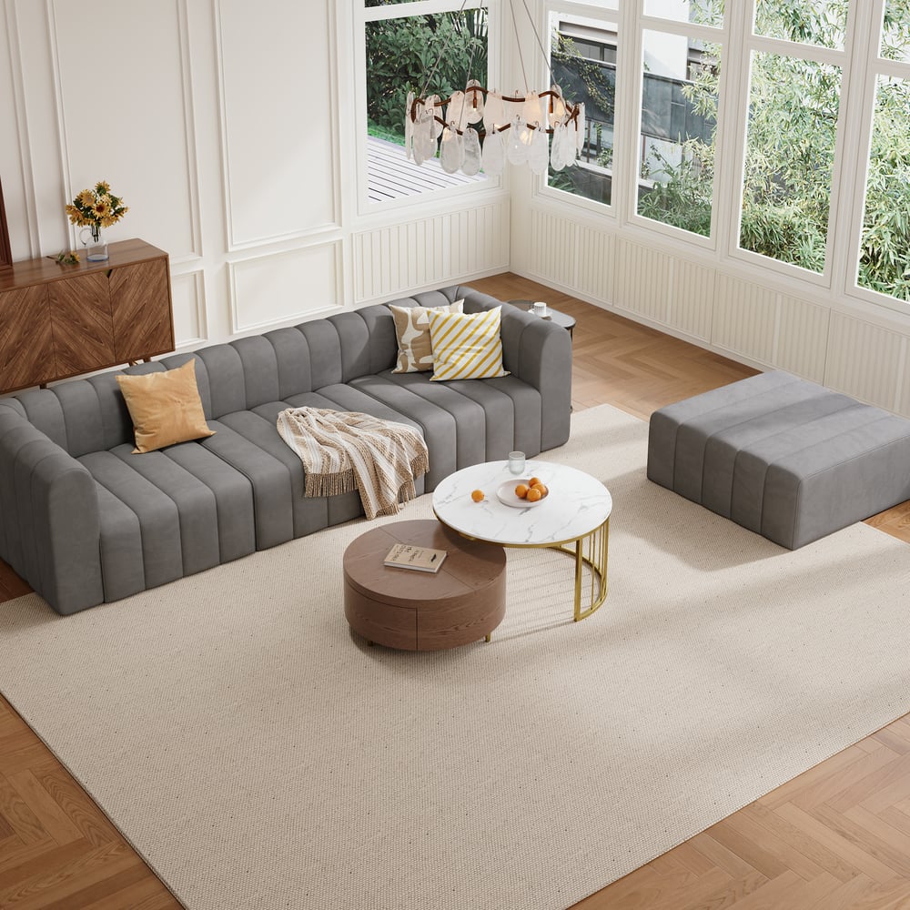 3020mm Grey Velvet Modular Pit Sectional Sofa Set Convertible 4-Piece Upholstered window image
