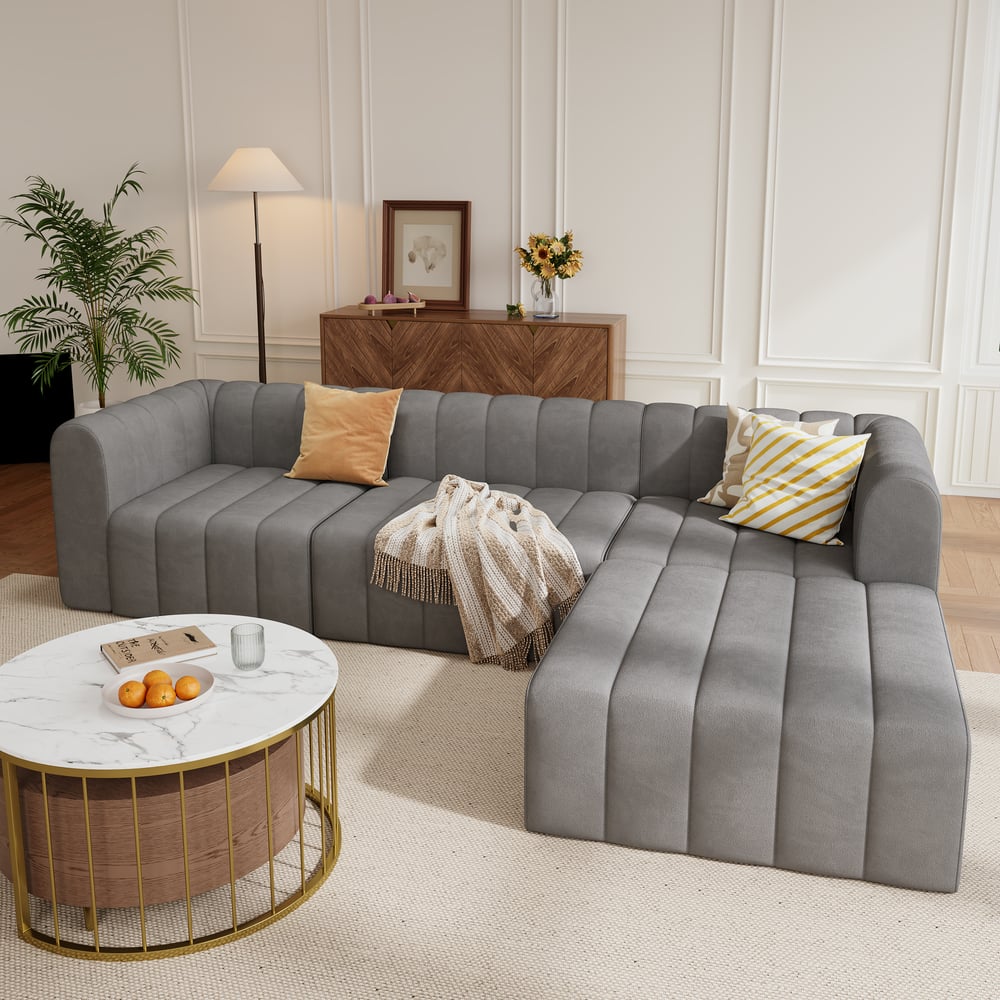 3020mm Grey Velvet Modular Pit Sectional Sofa Set Convertible 4-Piece Upholstered window image