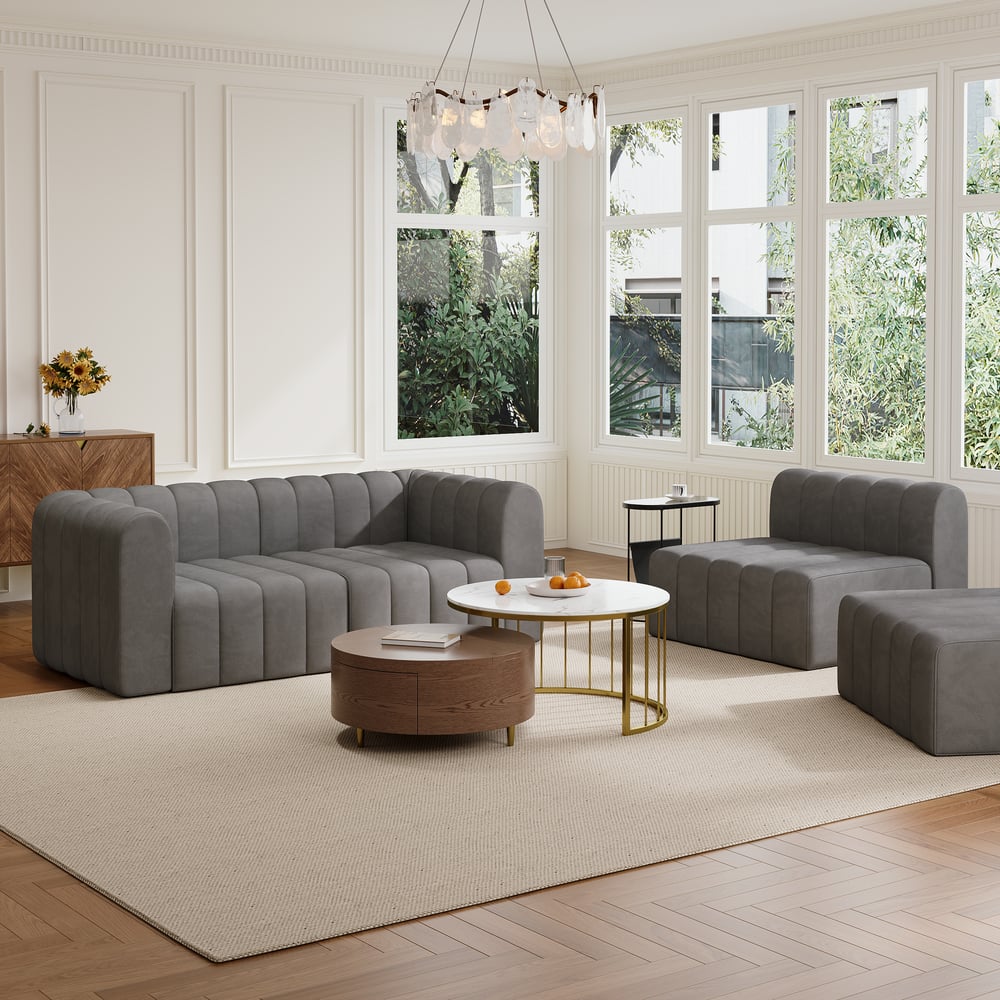 3020mm Grey Velvet Modular Pit Sectional Sofa Set Convertible 4-Piece Upholstered window image
