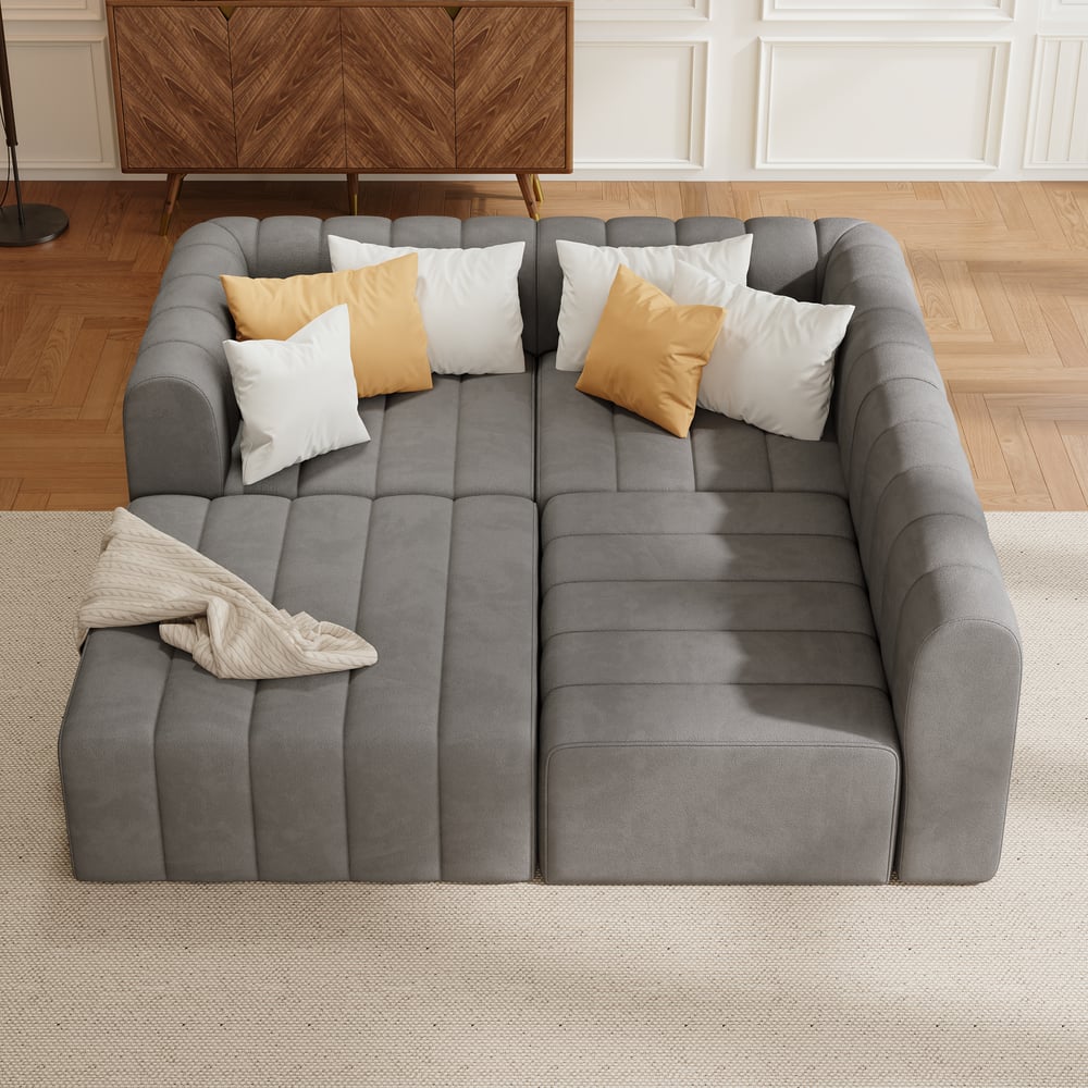 3020mm Grey Velvet Modular Pit Sectional Sofa Set Convertible 4-Piece Upholstered window image