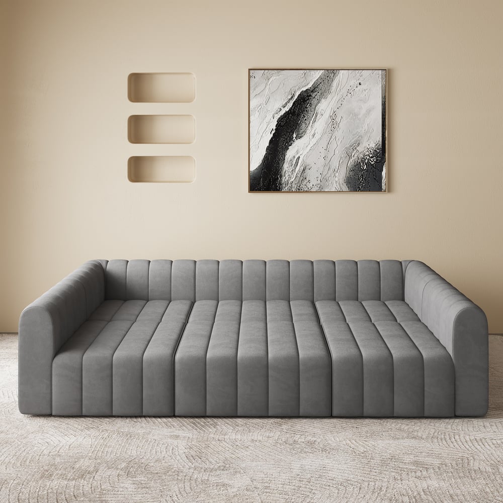 3020mm Grey Velvet Modular Pit Sectional Sofa Set Convertible 6-Seater Upholstered window image