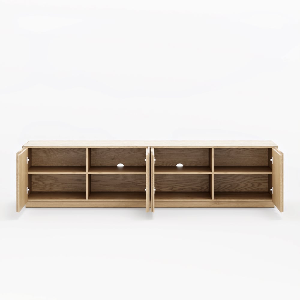 Aura 83" Ash Wood Slatted Natural TV Stand with Sintered Stone Top window image