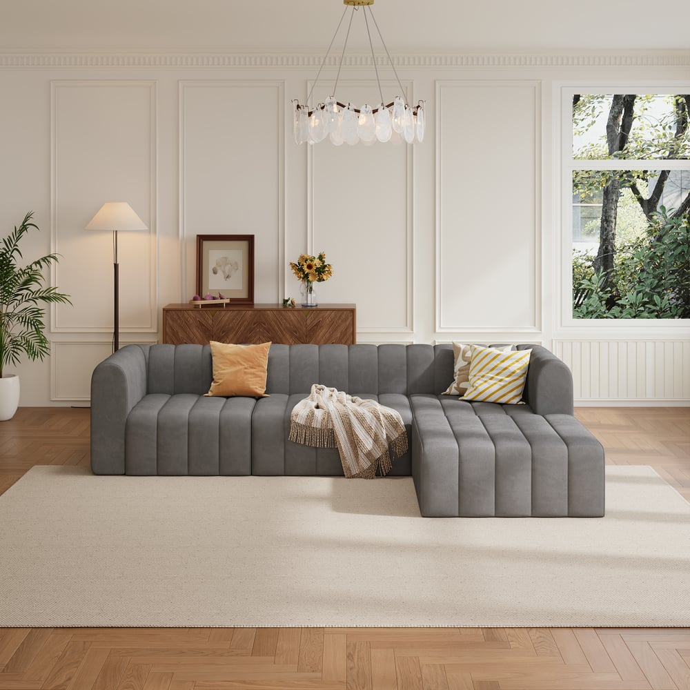3020mm Grey Velvet Modular Pit Sectional Sofa Set Convertible 4-Piece Upholstered window image