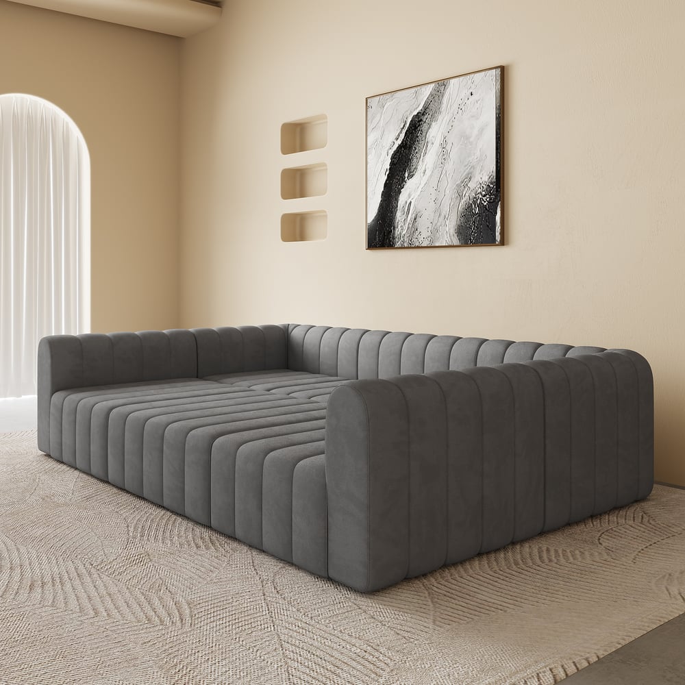 3020mm Grey Velvet Modular Pit Sectional Sofa Set Convertible 6-Seater Upholstered window image