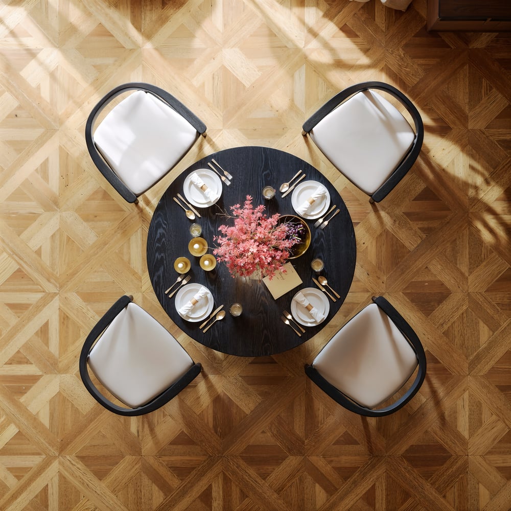 Japandi 100 – 140 cm Extendable Round-to-Oval Wood Dining Table–Black, Seats 4-6 window image