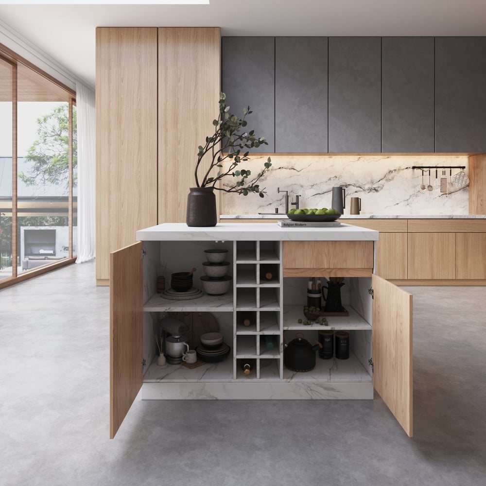 1270mm Japandi Kitchen lsland White Wooden Storage Kitchen Cabinet with Light window image