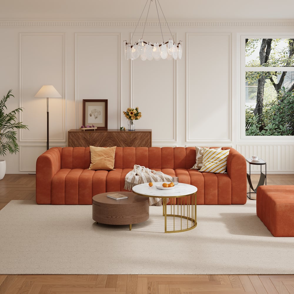 3020mm Orange Velvet Modular Pit Sectional Sofa Set Convertible 4-Piece Upholstered window image