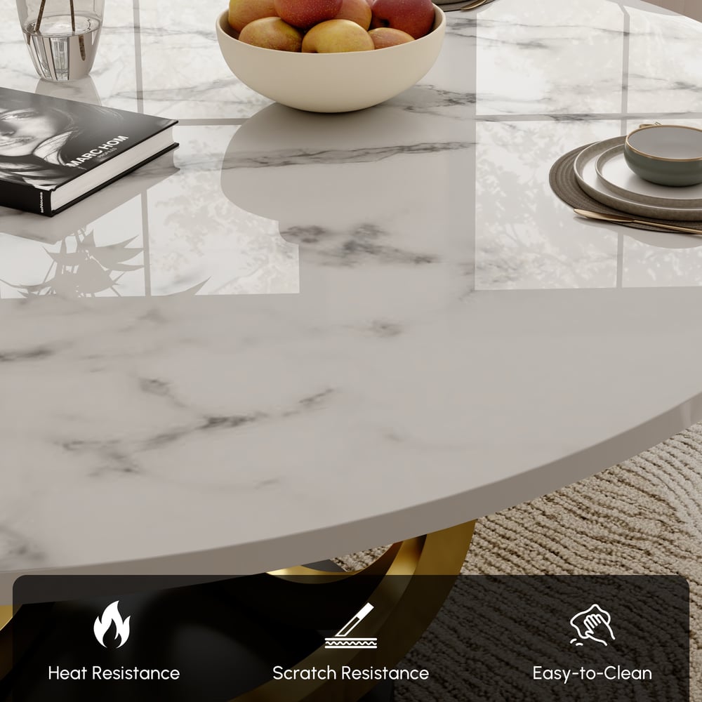 Round Dining Table Sintered Stone Top Gold & Black Pedestal for 6 Person Modern White window image