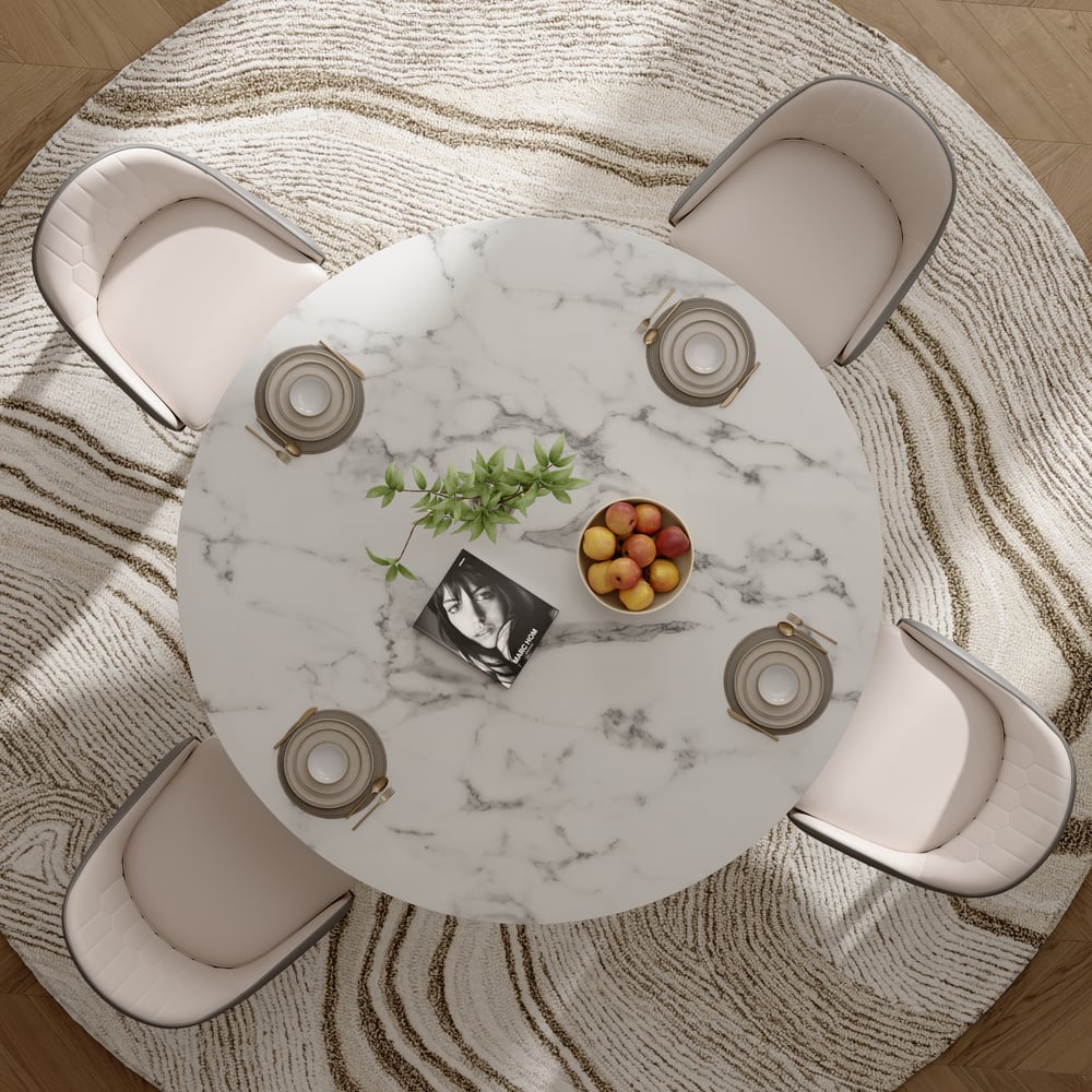 Round Dining Table Sintered Stone Top Gold & Black Pedestal for 6 Person Modern White window image