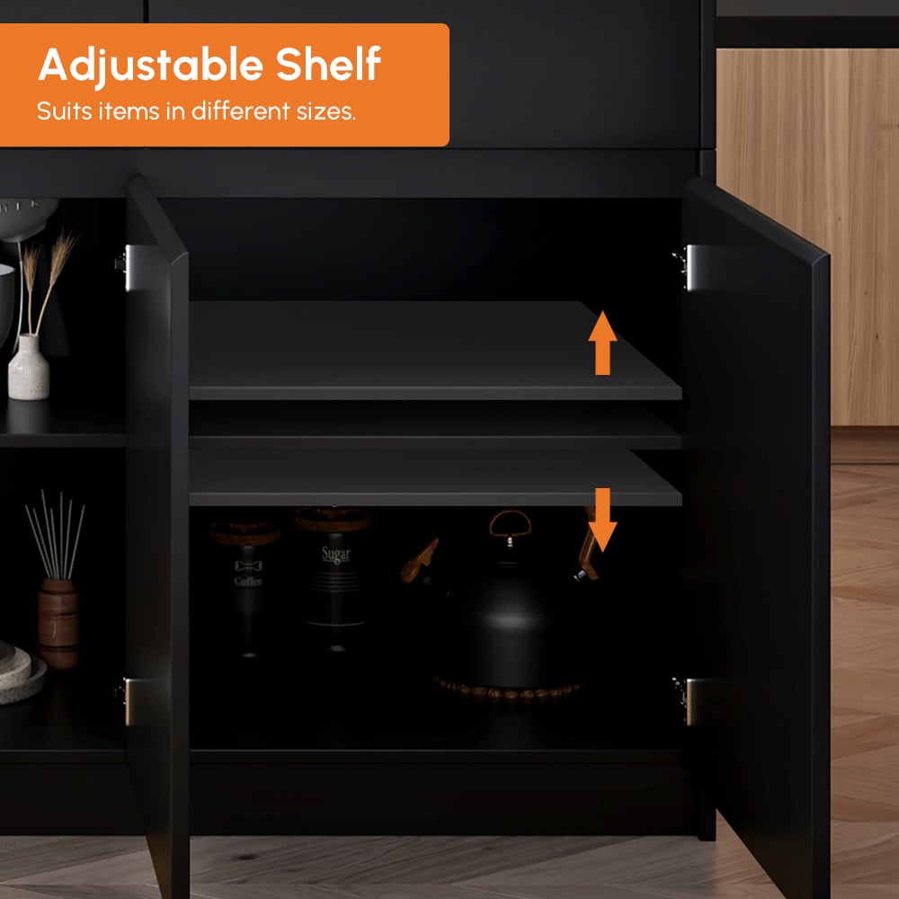 2050mm-2680mm Extendable Black Kitchen lsland with Doors&Drawers Marble Pattern Top window image