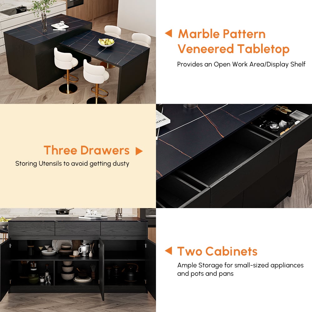 2050mm-2680mm Extendable Black Kitchen lsland with Doors&Drawers Marble Pattern Top window image