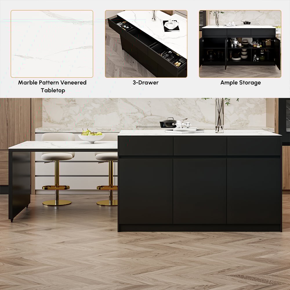 2050mm-2680mm Extendable Black Kitchen lsland with Doors&Drawers Marble Pattern Top window image