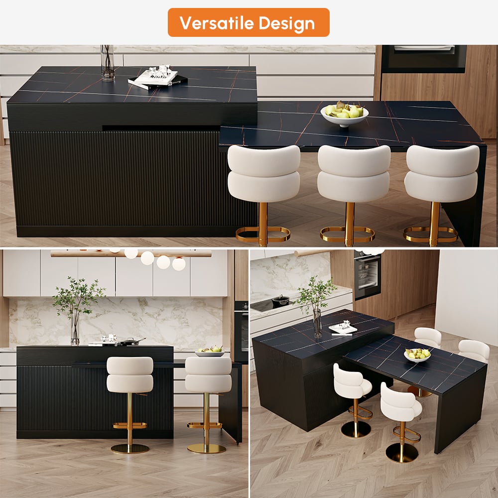 2050mm-2680mm Extendable Black Kitchen lsland with Doors&Drawers Marble Pattern Top window image