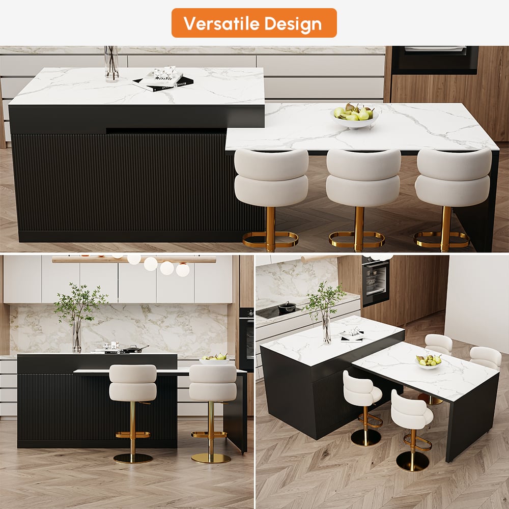 2050mm-2680mm Extendable Black Kitchen lsland with Doors&Drawers Marble Pattern Top window image