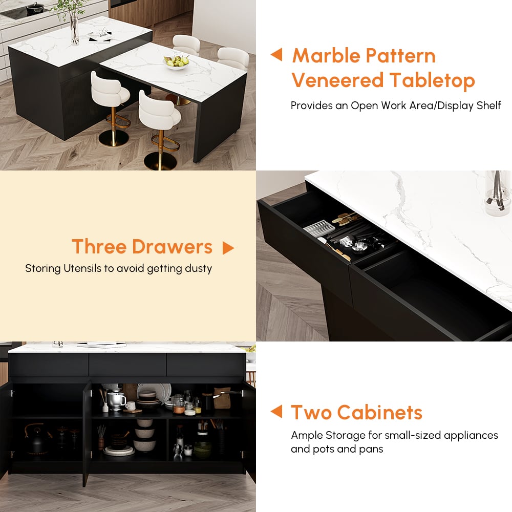 2050mm-2680mm Extendable Black Kitchen lsland with Doors&Drawers Marble Pattern Top window image