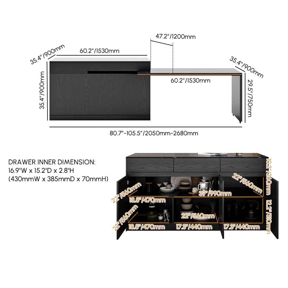 2050mm-2680mm Extendable Black Kitchen lsland with Doors&Drawers Marble Pattern Top weights dimensions image