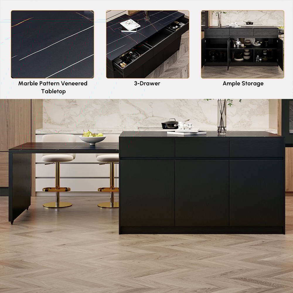 2050mm-2680mm Extendable Black Kitchen lsland with Doors&Drawers Marble Pattern Top window image