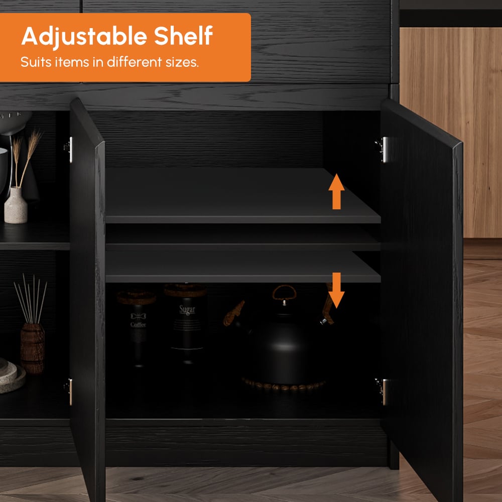 2050mm-2680mm Extendable Black Kitchen lsland with Doors&Drawers Marble Pattern Top window image