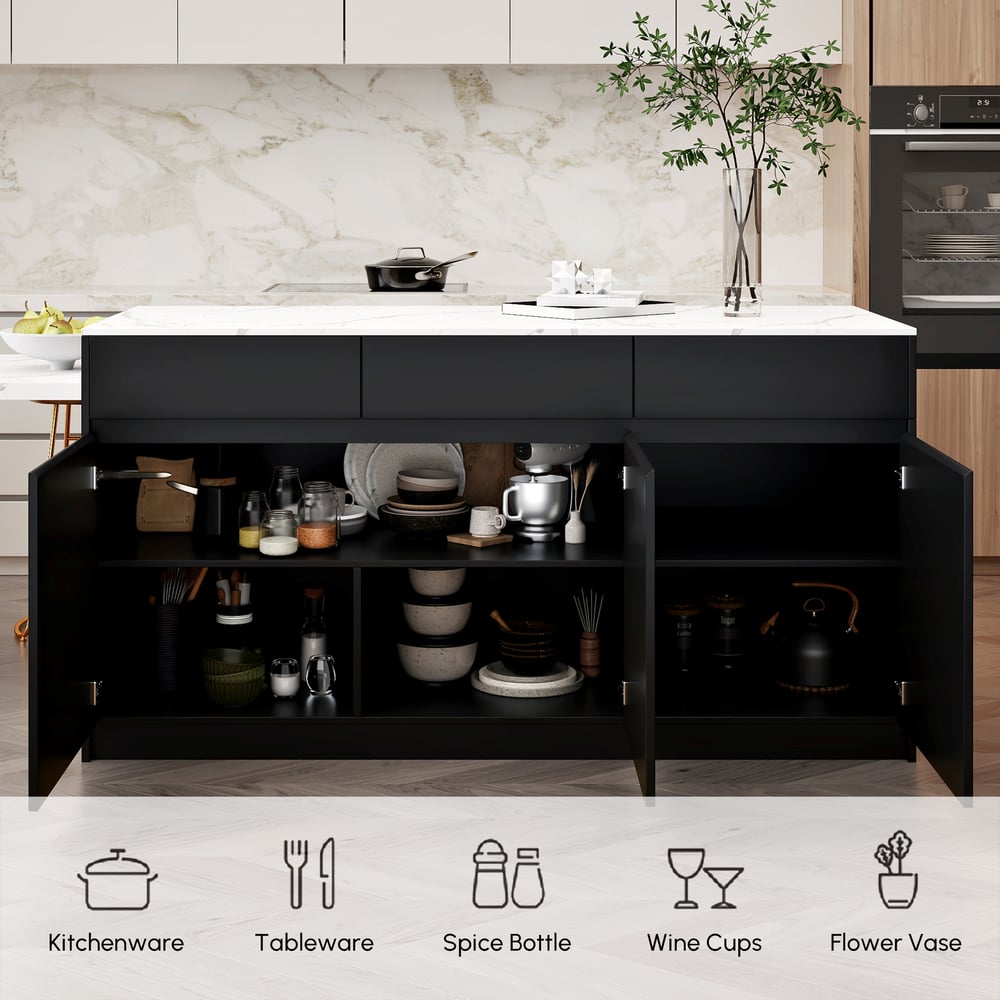 2050mm-2680mm Extendable Black Kitchen lsland with Doors&Drawers Marble Pattern Top window image