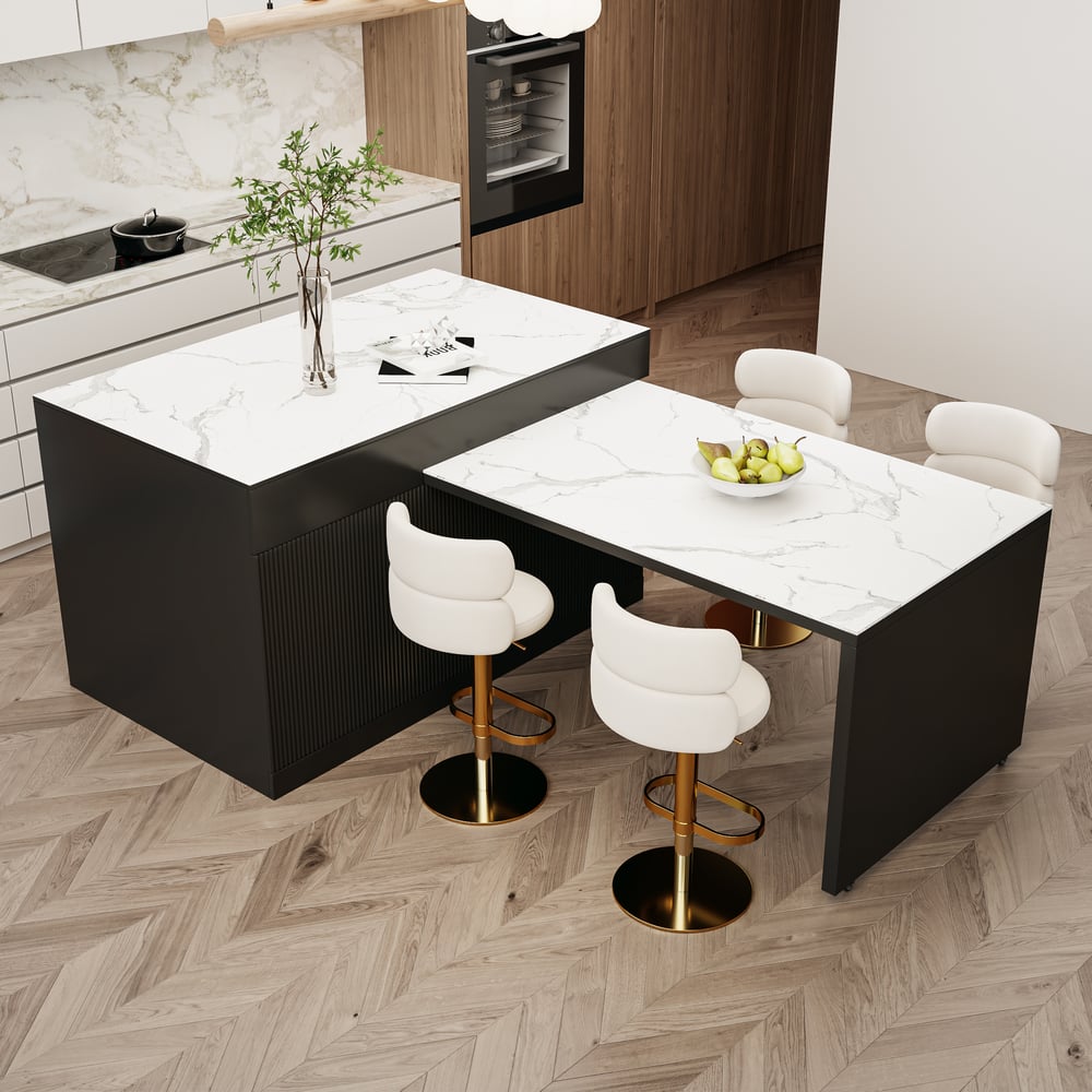 2050mm-2680mm Extendable Black Kitchen lsland with Doors&Drawers Marble Pattern Top window image