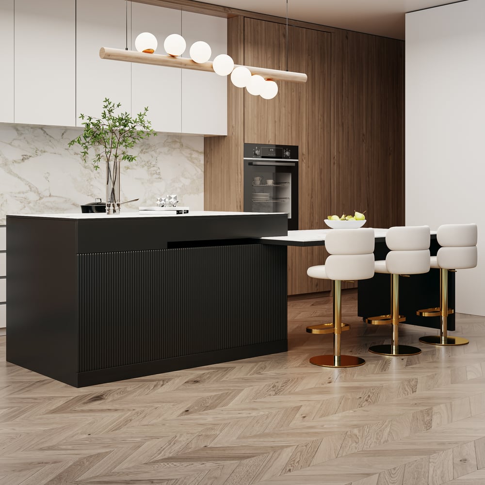 2050mm-2680mm Extendable Black Kitchen lsland with Doors&Drawers Marble Pattern Top window image
