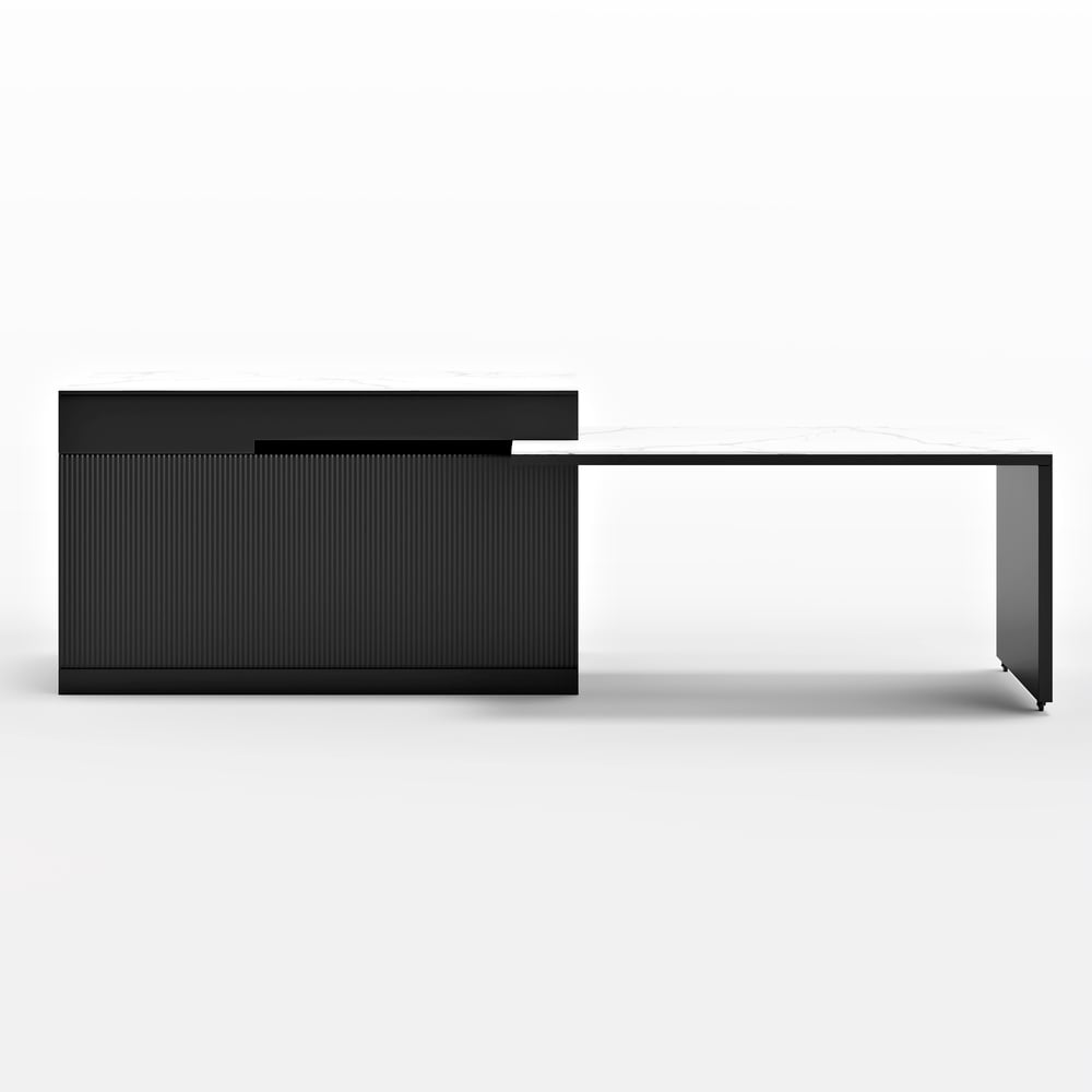 2050mm-2680mm Extendable Black Kitchen lsland with Doors&Drawers Marble Pattern Top window image