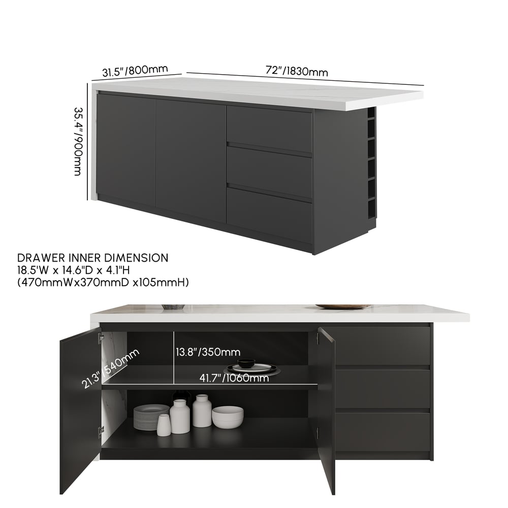 1830mm Kitchen Islands Marble Veneered Top Black Modern with Storage Kitchen Cabinet weights dimensions image