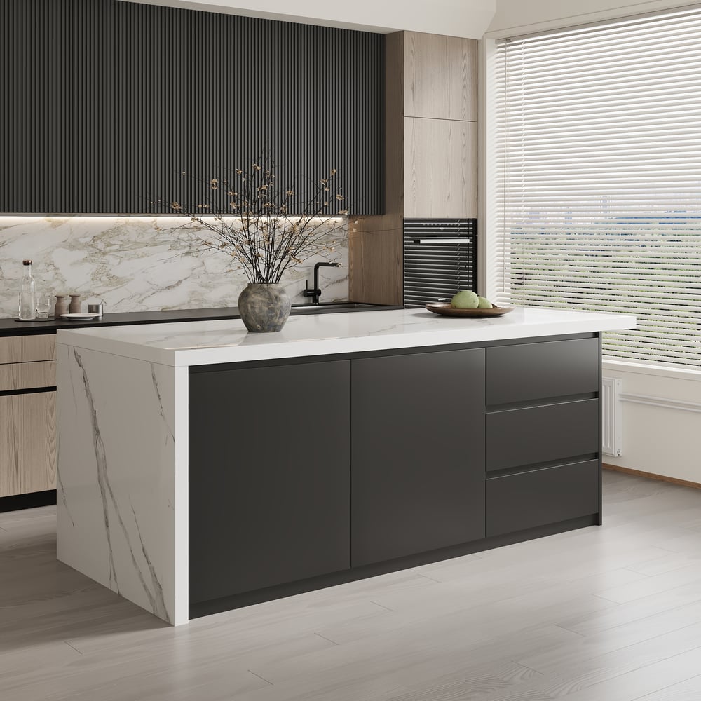 1830mm Kitchen Islands Marble Veneered Top Black Modern with Storage Kitchen Cabinet window image