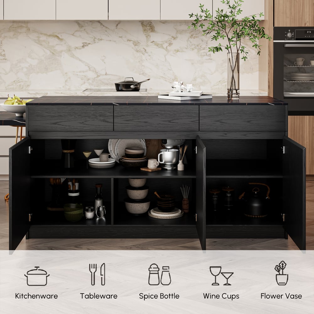 2050mm-2680mm Extendable Black Kitchen lsland with Doors&Drawers Marble Pattern Top window image