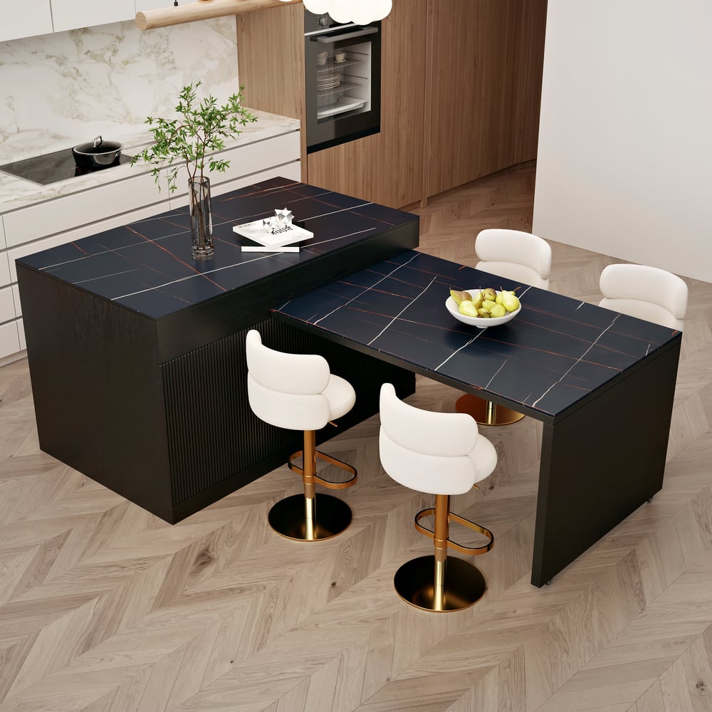 2050mm-2680mm Extendable Black Kitchen lsland with Doors&Drawers Marble Pattern Top window image