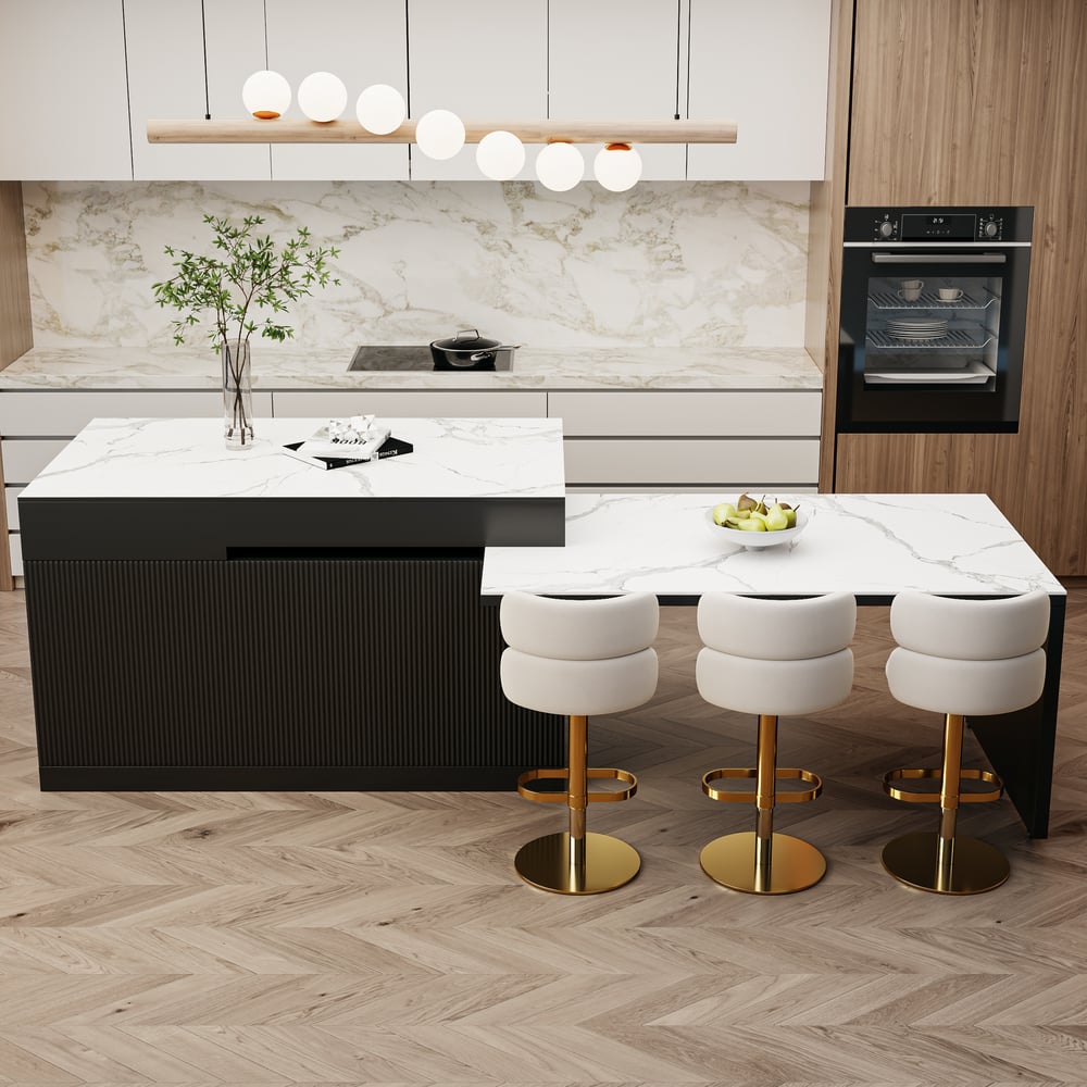 2050mm-2680mm Extendable Black Kitchen lsland with Doors&Drawers Marble Pattern Top window image