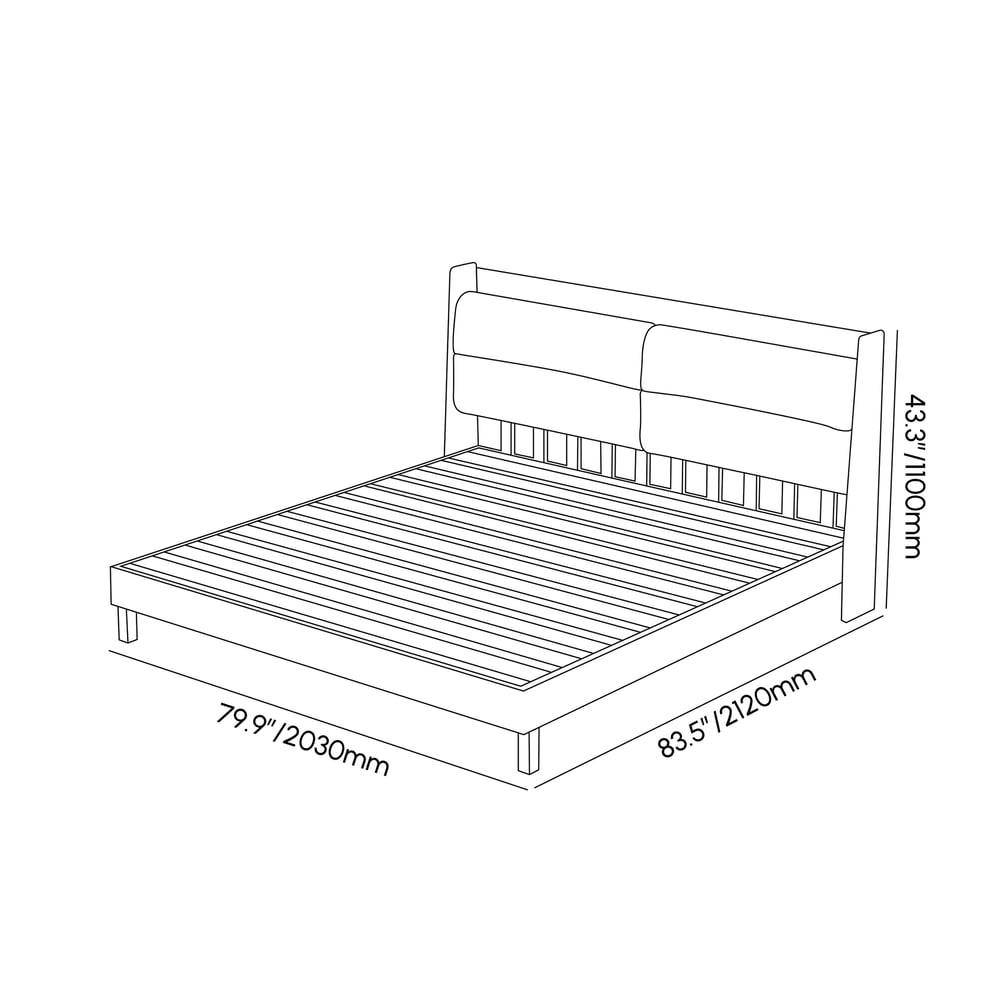 Modern Walnut King Size Solid Wood Bed with Boucle Headboard Pillows weights dimensions image