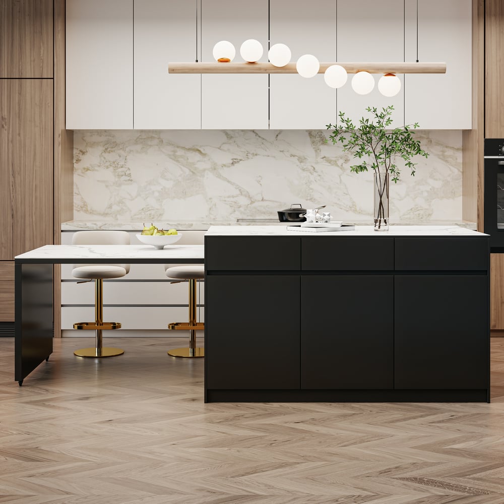 2050mm-2680mm Extendable Black Kitchen lsland with Doors&Drawers Marble Pattern Top window image