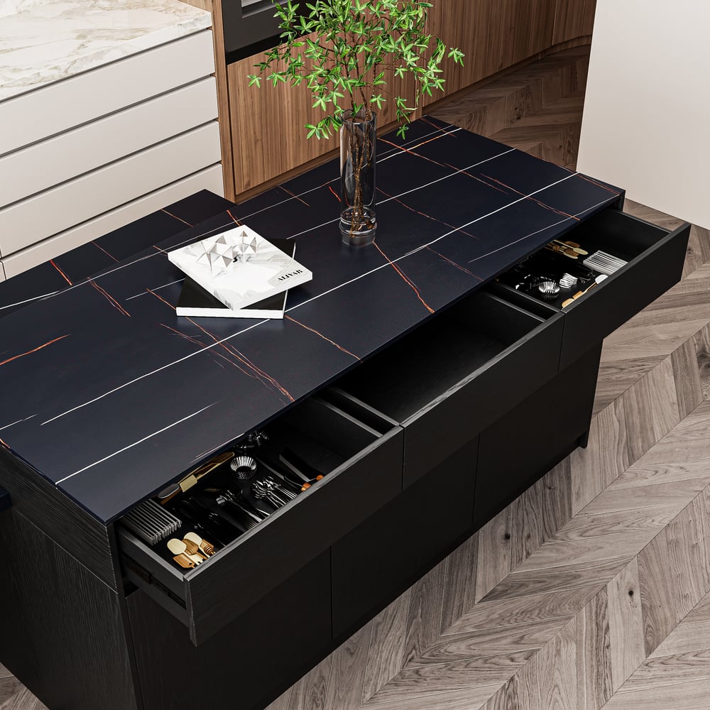 2050mm-2680mm Extendable Black Kitchen lsland with Doors&Drawers Marble Pattern Top window image