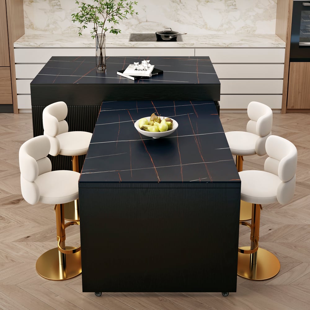 2050mm-2680mm Extendable Black Kitchen lsland with Doors&Drawers Marble Pattern Top window image