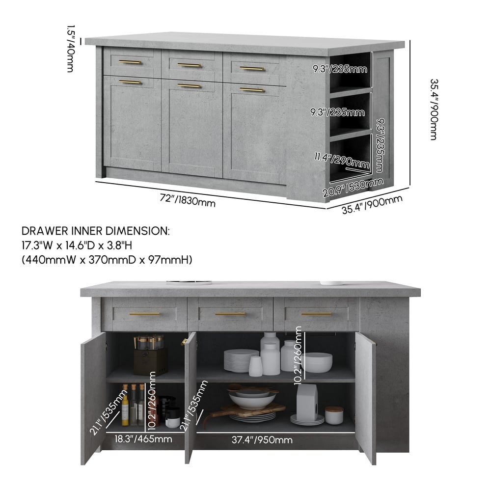 72" Modern Style Laminate Kitchen Islands with Multi-Storage Gray weights dimensions image