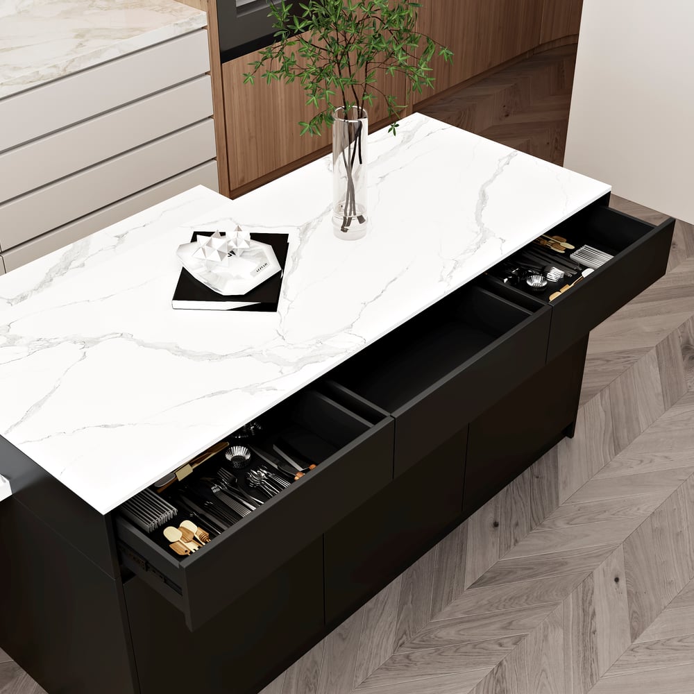 2050mm-2680mm Extendable Black Kitchen lsland with Doors&Drawers Marble Pattern Top window image