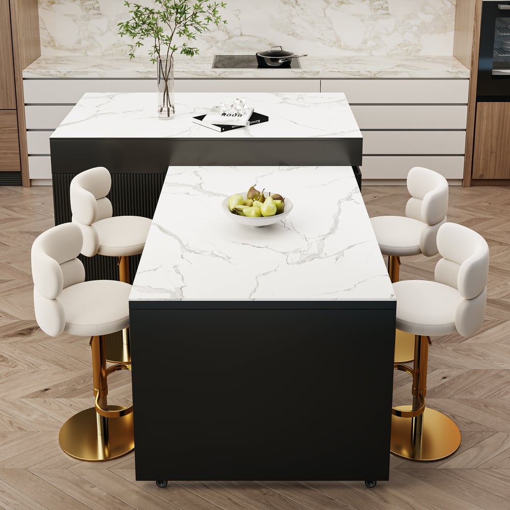 2050mm-2680mm Extendable Black Kitchen lsland with Doors&Drawers Marble Pattern Top window image